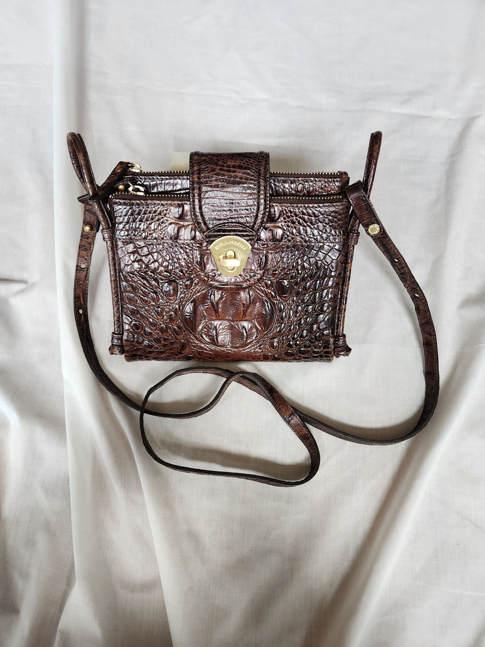 Brahmin "Mojito" Pecan Brown Croc-Embossed Leather Crossbody with Gold Hardware